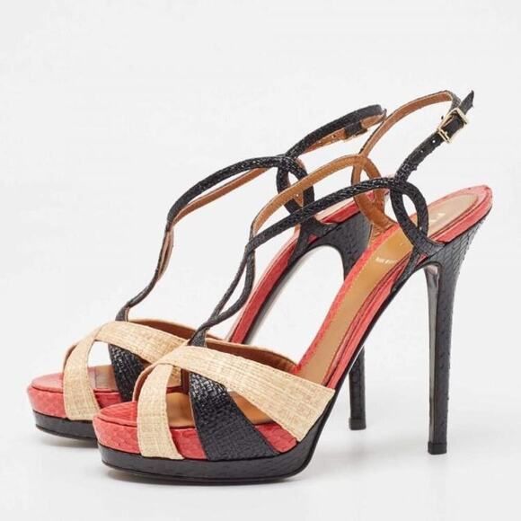 Fendi Tri-Color Raffia & Snakeskin Slingback Platform Sandals 38.5 / US 8.5 - Picture 2 of 12